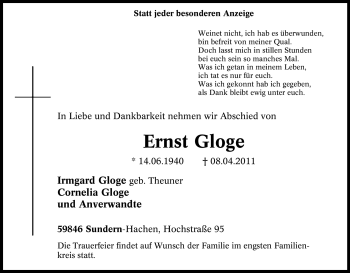 Traueranzeige von Ernst Gloge von Tageszeitung