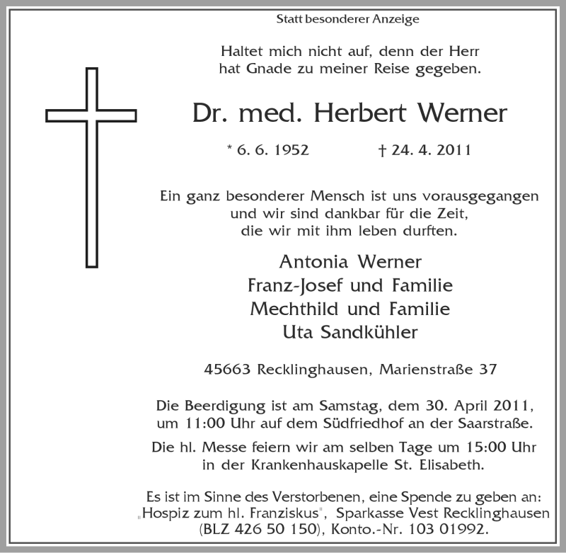  Traueranzeige für Herbert Werner vom 28.04.2011 aus Tageszeitung