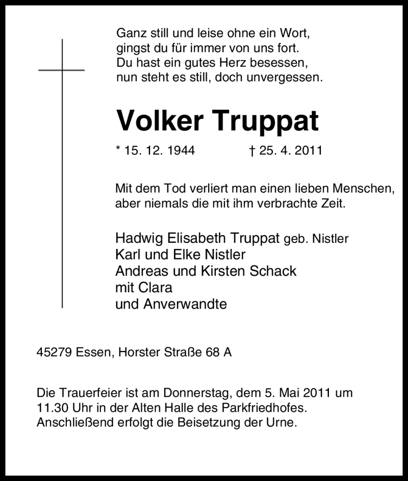  Traueranzeige für Volker Truppat vom 30.04.2011 aus Tageszeitung