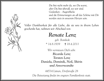 Traueranzeige von Renate Lenz von Tageszeitung