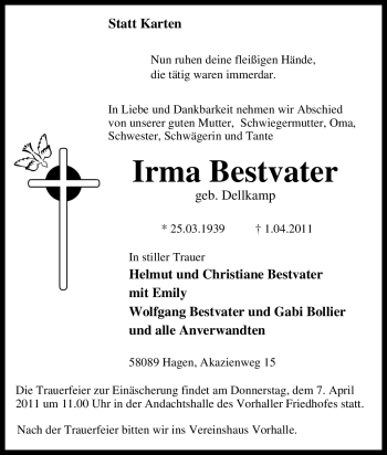 Traueranzeige von Irma Bestvater von Tageszeitung