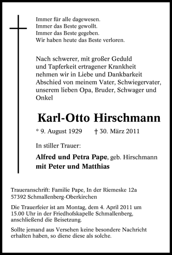 Traueranzeige von Karl-Otto Hirschmann von Tageszeitung