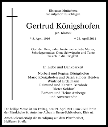Traueranzeige von Gertrud Königshofen von Tageszeitung
