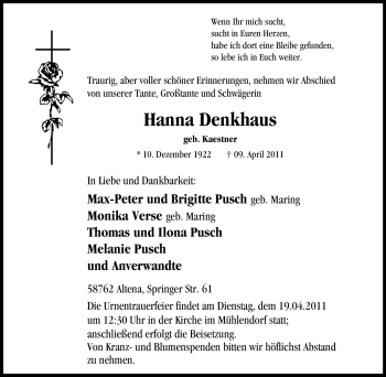 Traueranzeige von Hanna Denkhaus von Tageszeitung
