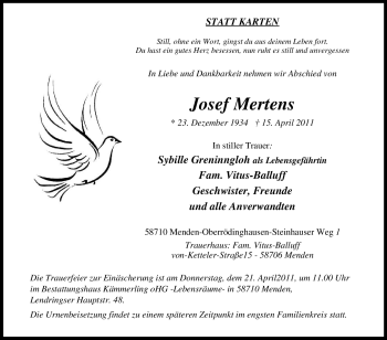 Traueranzeige von Josef Mertens von Tageszeitung