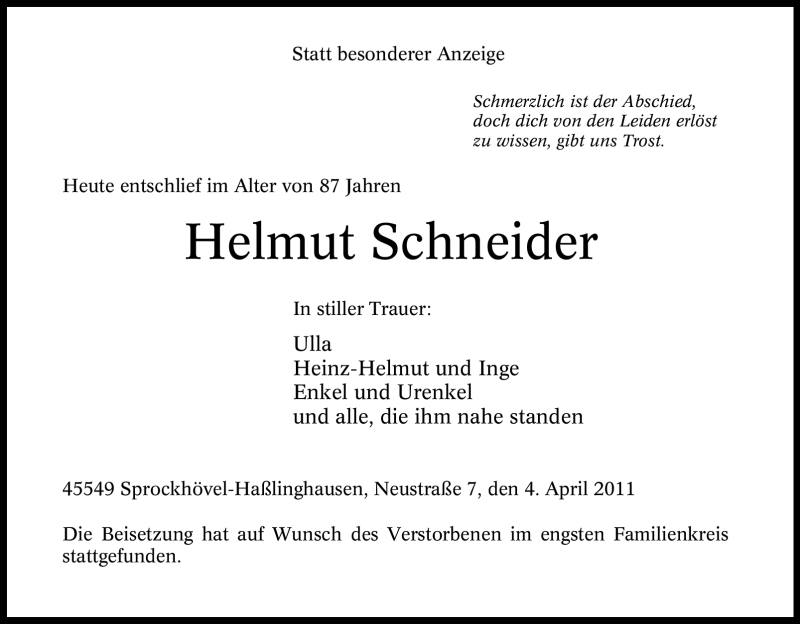  Traueranzeige für Helmut Schneider vom 09.04.2011 aus Tageszeitung