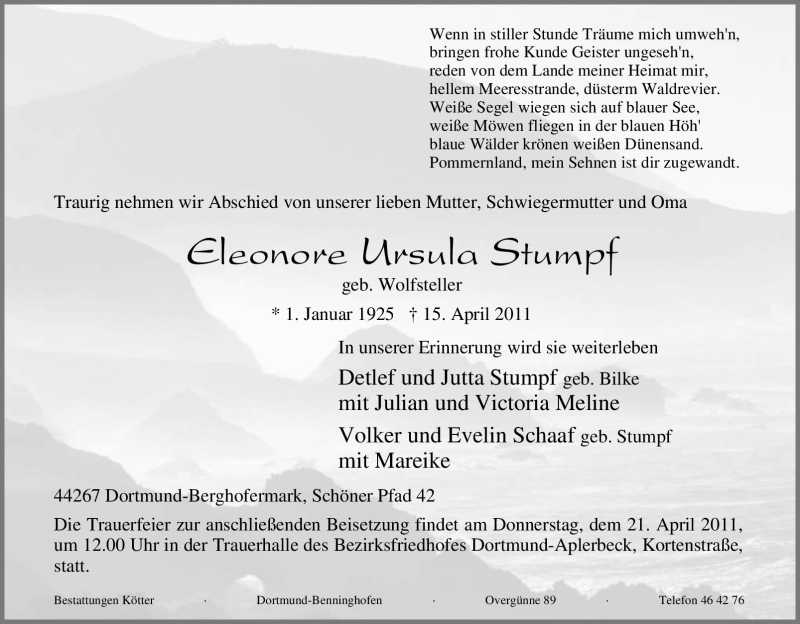  Traueranzeige für Eleonore Ursula Stumpf vom 19.04.2011 aus Tageszeitung