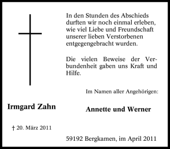 Traueranzeige von Irmgard Zahn von Tageszeitung