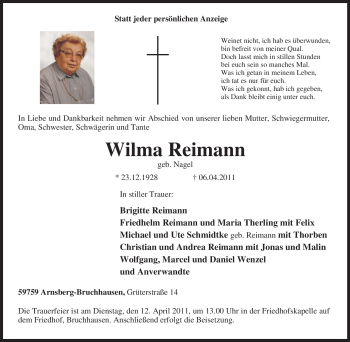 Traueranzeige von Wilma Reimann von Tageszeitung