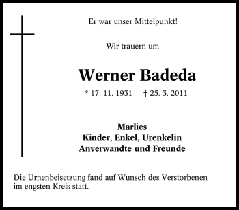 Traueranzeige von Werner Badeda von Tageszeitung