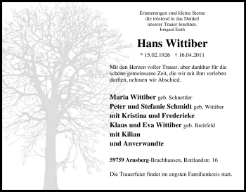 Traueranzeige von Hans Wittiber von Tageszeitung