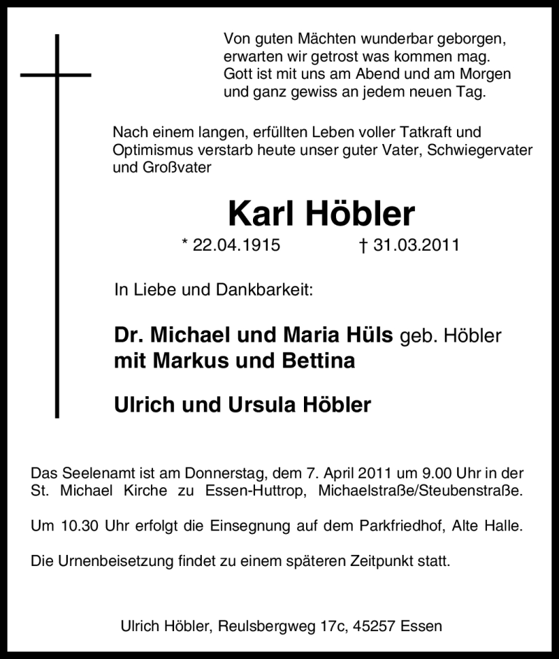  Traueranzeige für Karl Höbler vom 05.04.2011 aus Tageszeitung