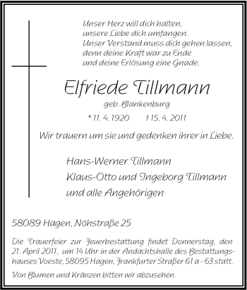 Traueranzeige von Elfriede Tillmann von Tageszeitung