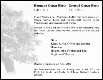 Traueranzeigen von Hermann OpgenRhein TrauerinNRW.de
