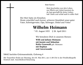 Traueranzeige von Wilhelm Heimann von Tageszeitung