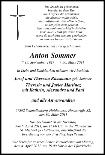 Traueranzeige von Anton Sommer von Tageszeitung