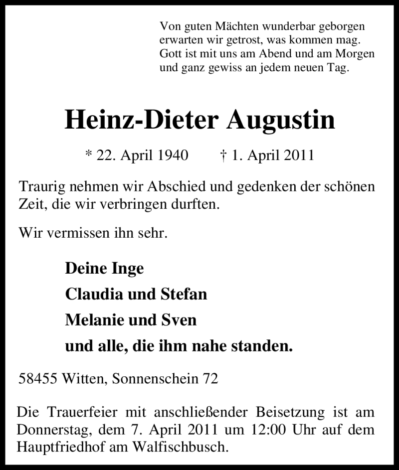  Traueranzeige für Heinz-Dieter Augustin vom 05.04.2011 aus Tageszeitung