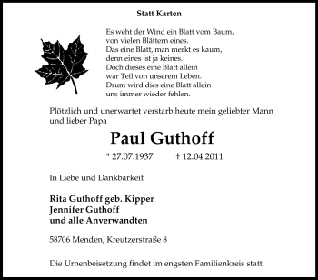 Traueranzeige von Paul Guthoff von Tageszeitung