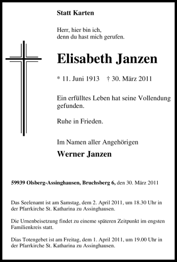 Traueranzeige von Elisabeth Janzen von Tageszeitung