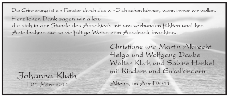  Traueranzeige für Johanna Kluth vom 30.04.2011 aus Tageszeitung