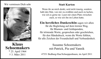 Traueranzeige von Klaus Schoemakers von Tageszeitung