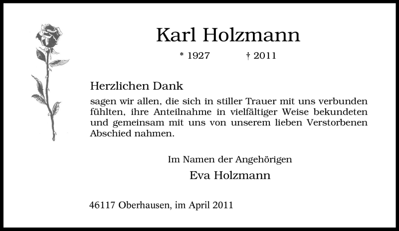  Traueranzeige für Karl Holzmann vom 16.04.2011 aus Tageszeitung