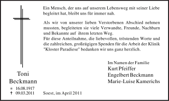 Traueranzeige von Toni Beckmann von Tageszeitung