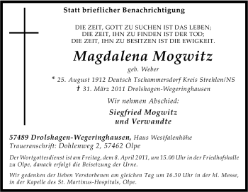Traueranzeige von Magdalena Mogwitz von Tageszeitung