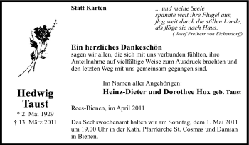 Traueranzeige von Hedwig Taust von Tageszeitung