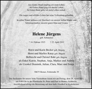 Traueranzeige von Helene Jürgens von Tageszeitung