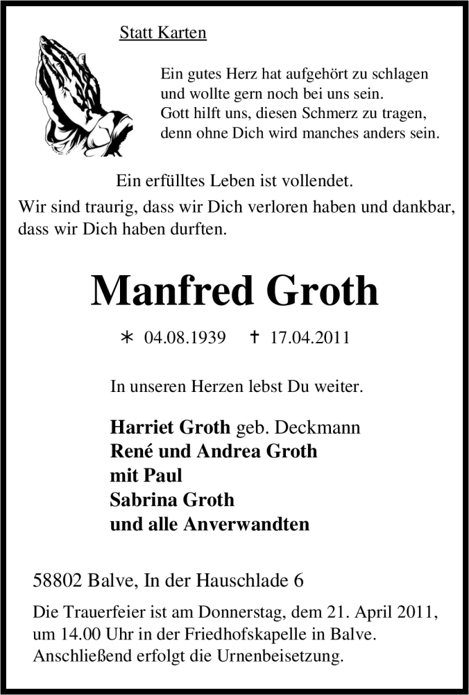  Traueranzeige für Manfred Groth vom 19.04.2011 aus Tageszeitung