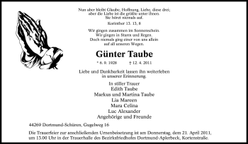 Traueranzeige von Günter Taube von Tageszeitung