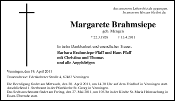 Traueranzeige von Margarete Brahmsiepe von Tageszeitung