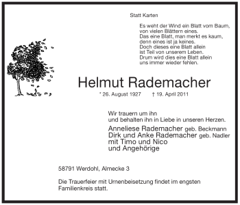 Traueranzeige von Helmut Rademacher von Tageszeitung