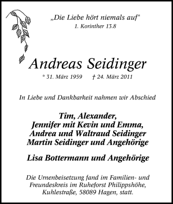 Traueranzeige von Andreas Seidinger von Tageszeitung