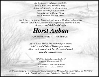 Traueranzeige von Horst Anbau von Tageszeitung