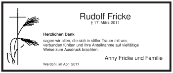 Traueranzeige von Rudolf Fricke von Tageszeitung