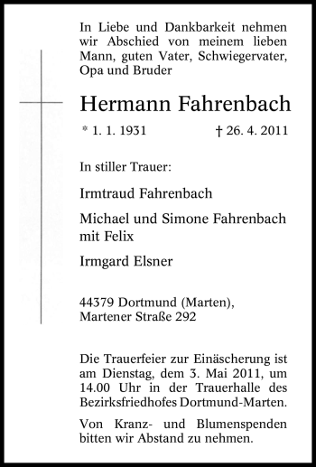 Traueranzeige von Hermann Fahrenbach von Tageszeitung