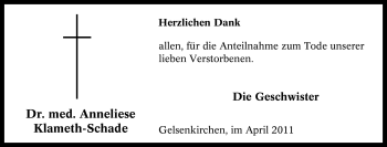 Traueranzeige von Anneliese Klameth-Schade von Tageszeitung