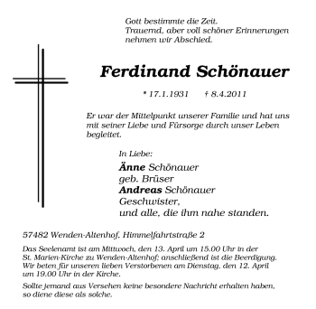 Traueranzeige von Ferdinand Schönauer von Tageszeitung