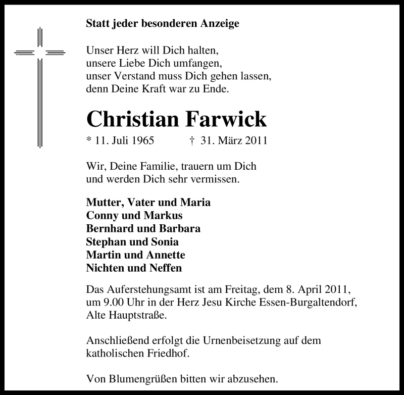 Traueranzeige für Christian Farwick vom 02.04.2011 aus Tageszeitung