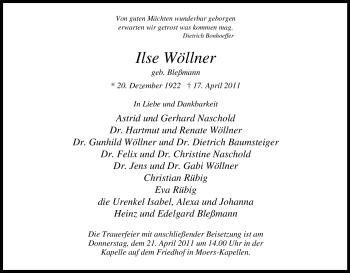 Traueranzeige von Ilse Wöllner von Tageszeitung