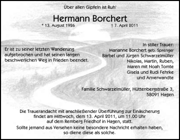Traueranzeige von Hermann Borchert von Tageszeitung