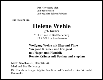 Traueranzeige von Helene Wehle von Tageszeitung