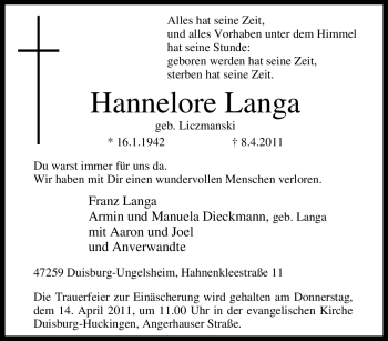 Traueranzeige von Hannelore Langa von Tageszeitung