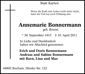 Traueranzeige von Annemarie Bonnermann von Tageszeitung