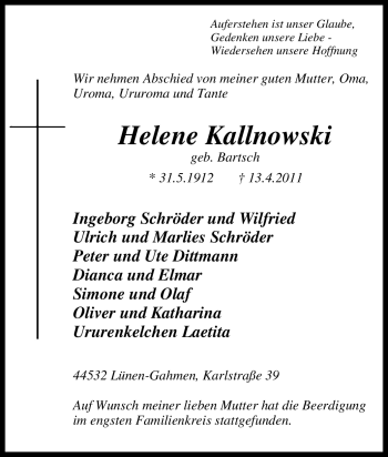Traueranzeige von Helene Kallnowski von Tageszeitung