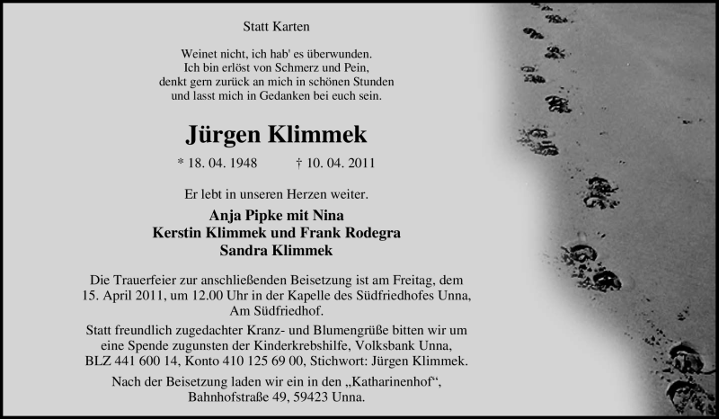  Traueranzeige für Jürgen Klimmek vom 13.04.2011 aus Tageszeitung