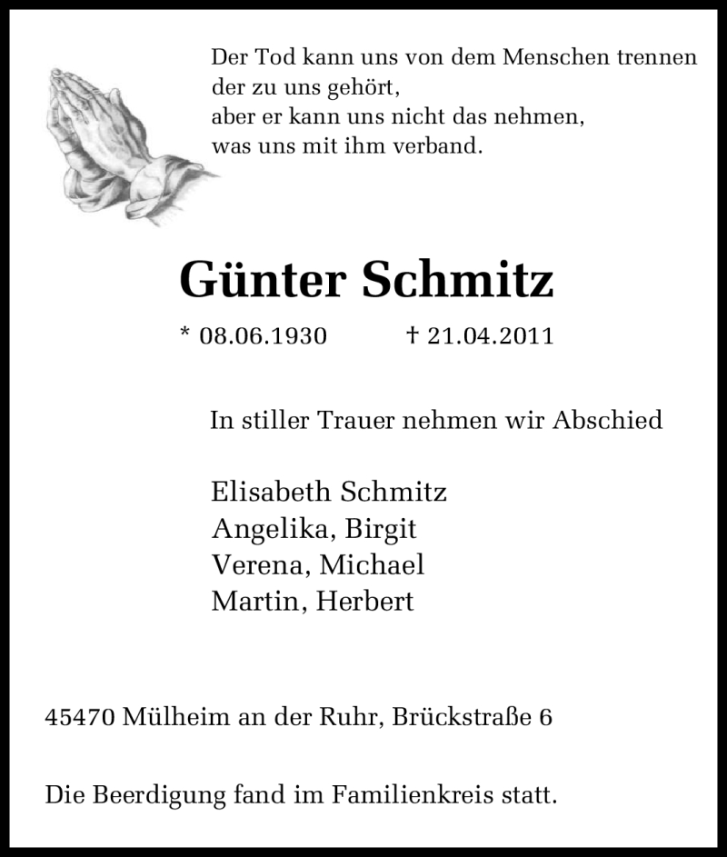  Traueranzeige für Günter Schmitz vom 29.04.2011 aus Tageszeitung