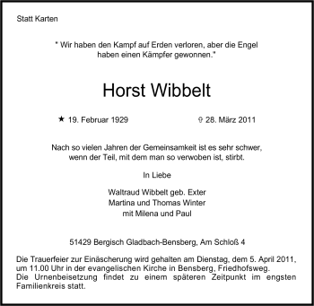 Traueranzeige von Horst Wibbelt von Tageszeitung